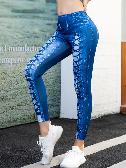 Imitation Denim High-Stretch Leggings for Women European Style Nine-Point Pants with Faux Pocket Detail