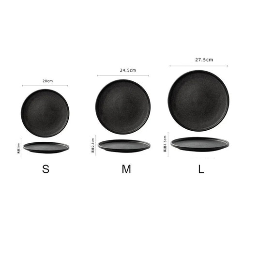 Black Frosted Steak and Pasta Plate – Western Style Luxury Dining Dish with White Quicksand Texture for Hotel and Restaurant Display