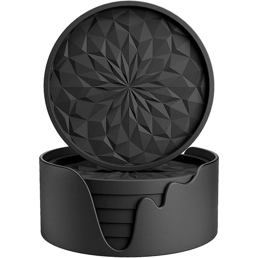 Black Luxury Silicone Coaster Set – 6 PCS Round Drink Mats for Coffee, Beer, Mugs & Car Use