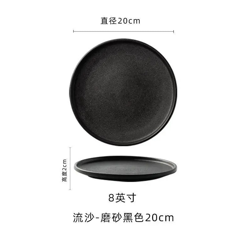 Black Frosted Steak and Pasta Plate – Western Style Luxury Dining Dish with White Quicksand Texture for Hotel and Restaurant Display